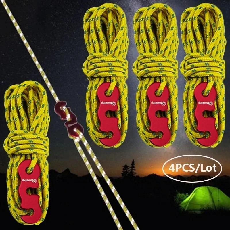 4 Outdoor Tent Ropes Reflective Ropes Canopy Ropes Reinforced Windproof Ropes with Buckles To Ensure Safety Camping Accessories