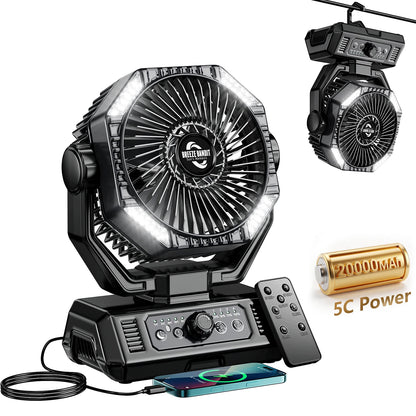 20000mAh Camping Fan with LED Lantern – 8-Speed, Remote