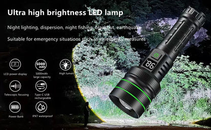 Bright Spotlight Long Range LED Flashlight Type-C Charging Strong Light Lamp Tactical Torch Waterproof Zoom Outdoor Lantern