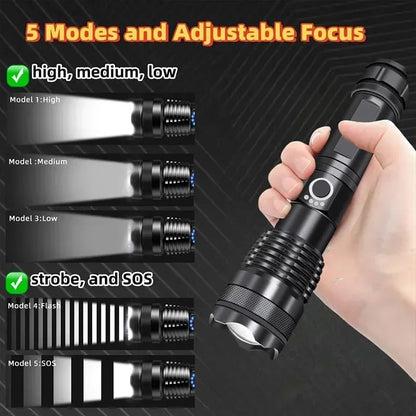 Rechargeable Led High Power Tactical Flashlight Aluminum Alloy Telescopic ZoomTorch Lamp for Outdoor Night Camping Fishing
