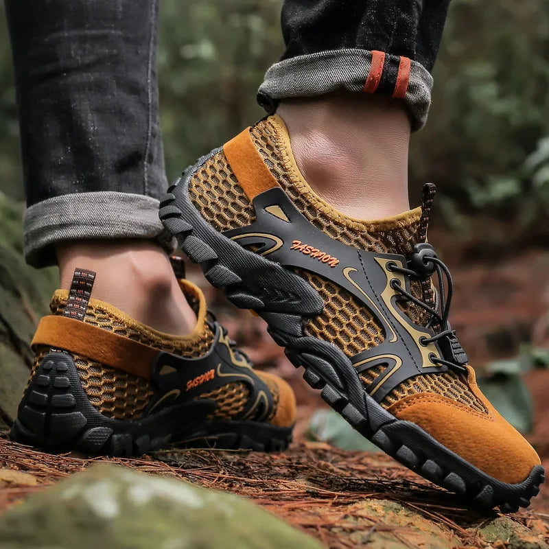 Men’s Outdoor Hiking Shoes – Anti-Slip Wear-Resistant Trekking & Jogging Sneakers (Breathable Trail Shoes, Khaki/Black/Brown/Gray)