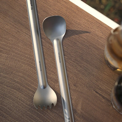 Tiartisan Pure Titanium Cutlery Ultralight Long Handle Spoon Spork Outdoor Camping Portable 2pcs Tableware Set With Storage Bag