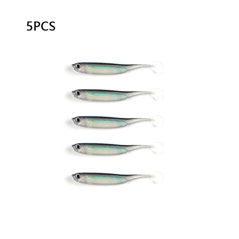 5Pcs opp 7cm 2.2g Jighead Worms T Tail fish Fishing Lures Rainbow Color  Fishing Bait Long-Range Freshwater and Saltwater Lure