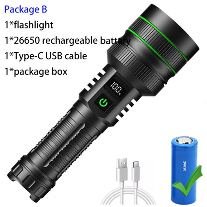 Bright Spotlight Long Range LED Flashlight Type-C Charging Strong Light Lamp Tactical Torch Waterproof Zoom Outdoor Lantern