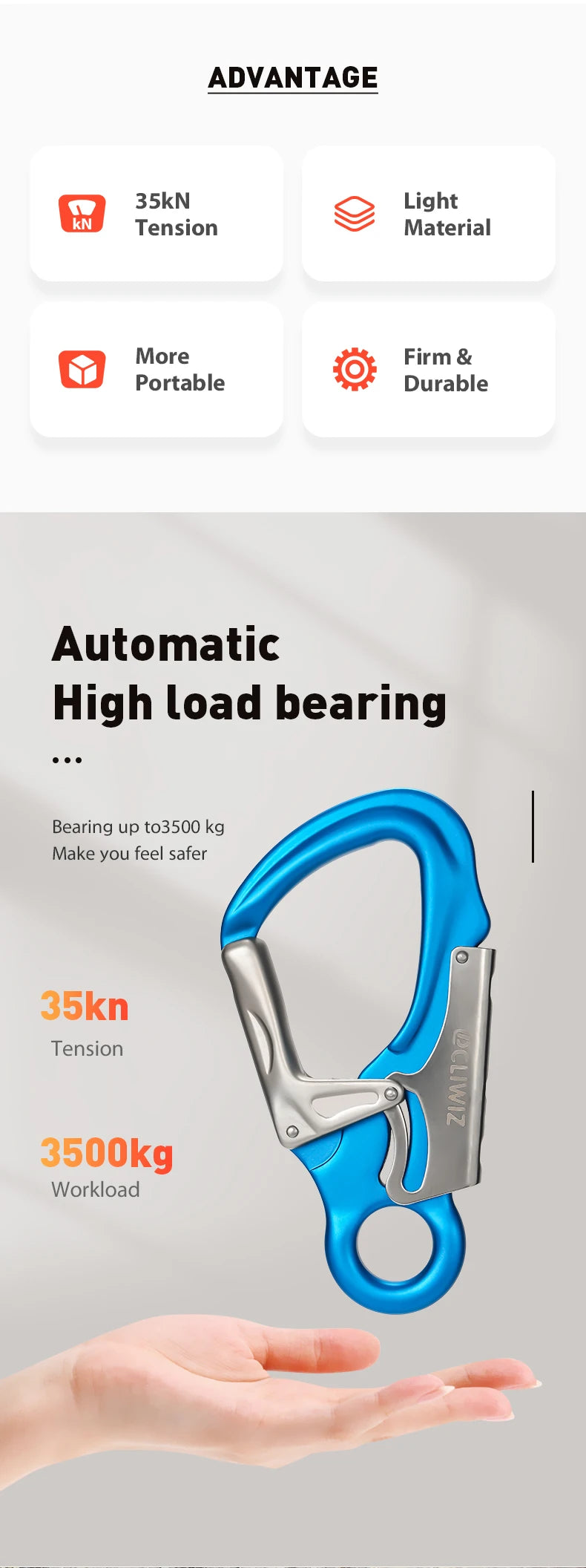 CLIWIZ 7075 Aviation Aluminium Material 35KN Heavy Duty Tension Auto Safety Lock Outdoor Professional Climbing Carabiner CE/UIAA