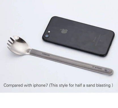 Tiartisan Pure Titanium Cutlery Ultralight Long Handle Spoon Spork Outdoor Camping Portable 2pcs Tableware Set With Storage Bag