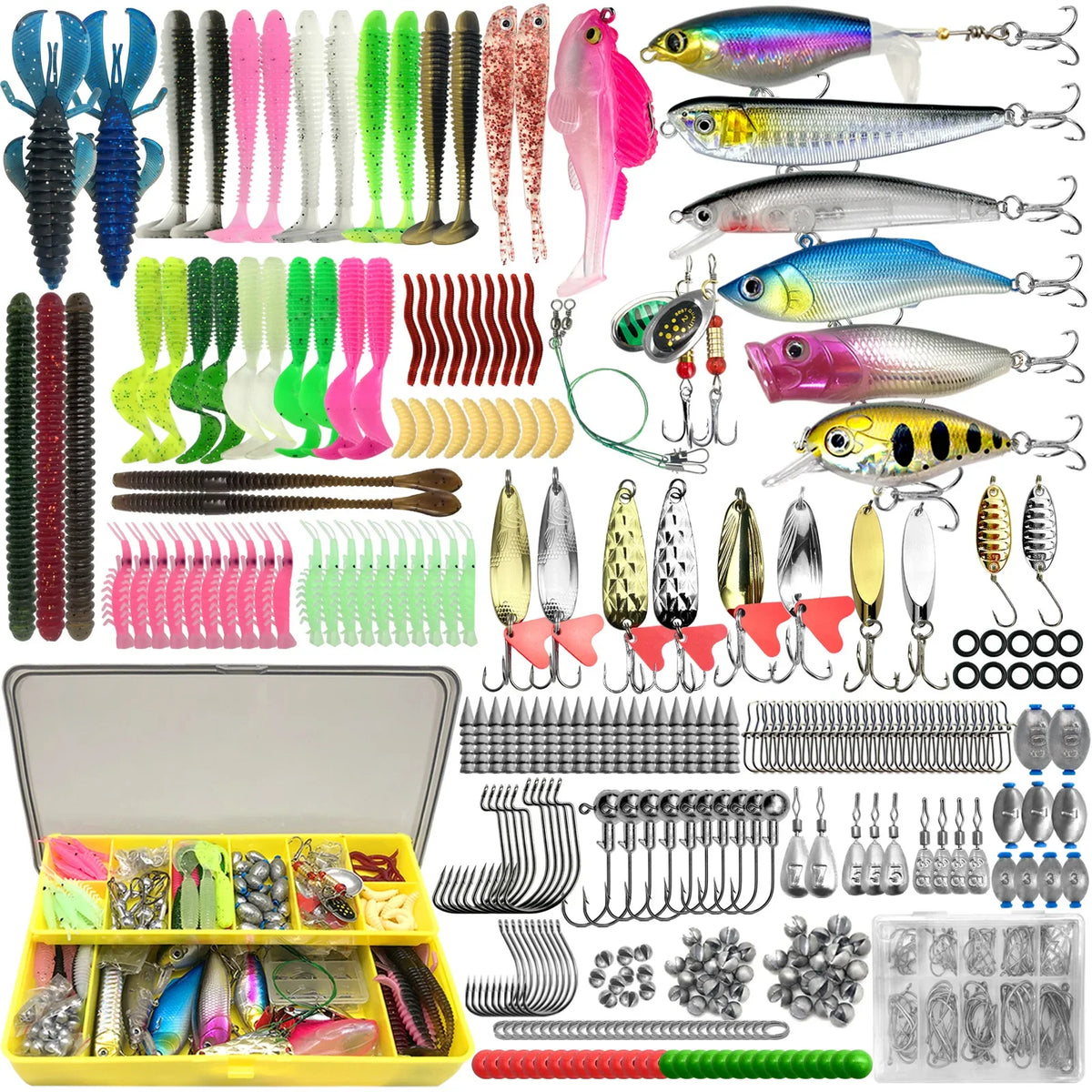 84/107pcs Fishing Lure Kit Soft and Hard Bait Set Gear Layer Metal Jig Spoon For Bass Pike Crank Tackle Accessories with Box