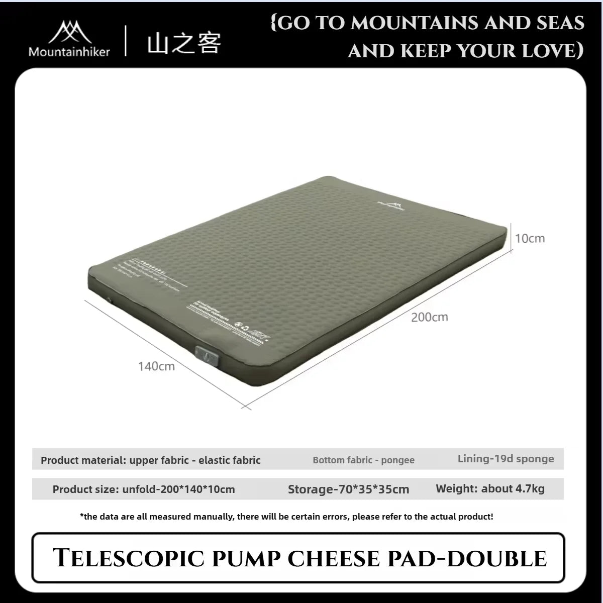 MOUNTAINHIKER Single Double Person Self-inflating Mattress Thick 10cm Compact Folding Camping Sleeping Bed Pad Air Mat Floor