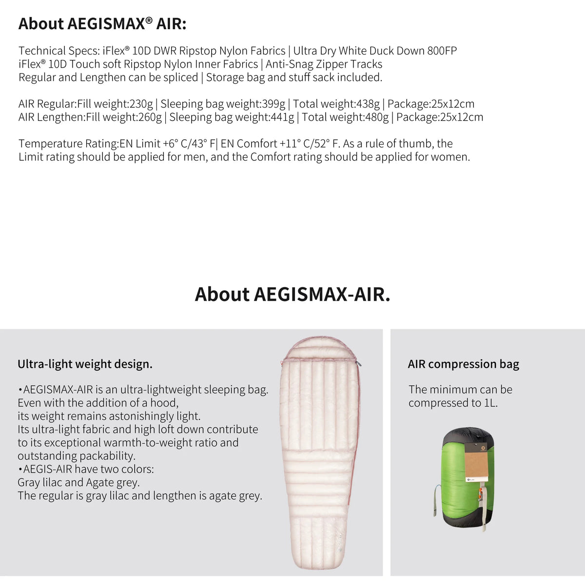 AEGISMAX AIR Upgrade 10D 800FP Ultra Dry Down Sleeping Bag Ultralight Camping Hiking Tourist Sleeping Bags for Men and Women
