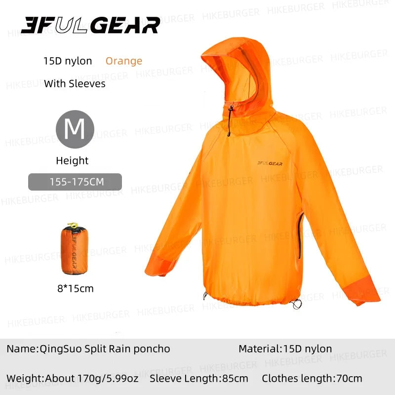 3F UL GEAR QingSuo Spilt Rain Poncho Outdoor Ultralight Sleeve Rain Coats 15D Nylon Waterproof Hiking Cycling Mountaineering