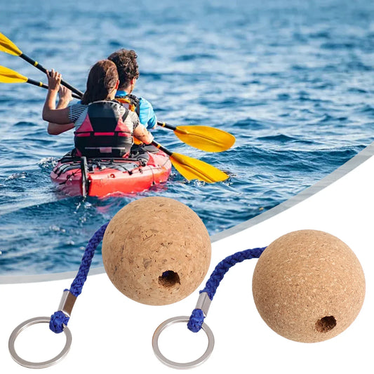 2PCS Floating Cork Ball Keychain – 50mm Buoyant Wooden Key Ring with Rope for Sailing, Kayak & Boat Accessories