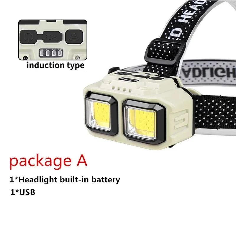 COB LED Powerful Headlamp USB Rechargeable Head Torch USB Rechargeable Waterproof Outdoor Camping Fishing Hunting Search Lantern