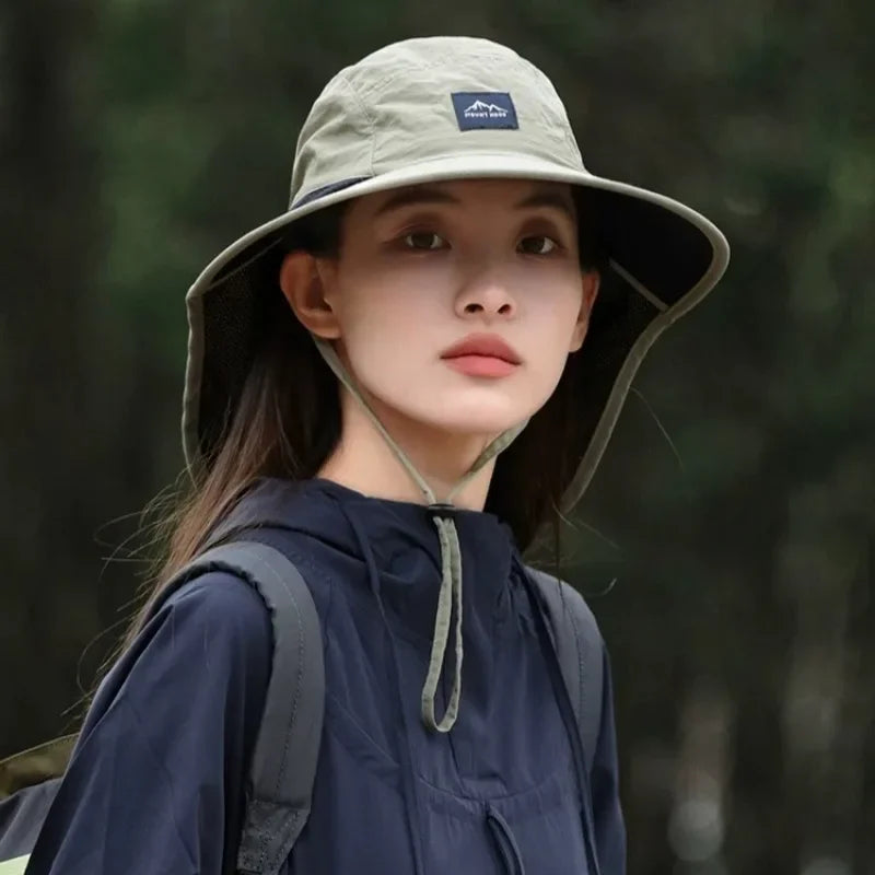 Outdoor Unisex Wide Brim Bucket Hat with Neck Flap Adjustable for Hiking Camping Fishing Wear