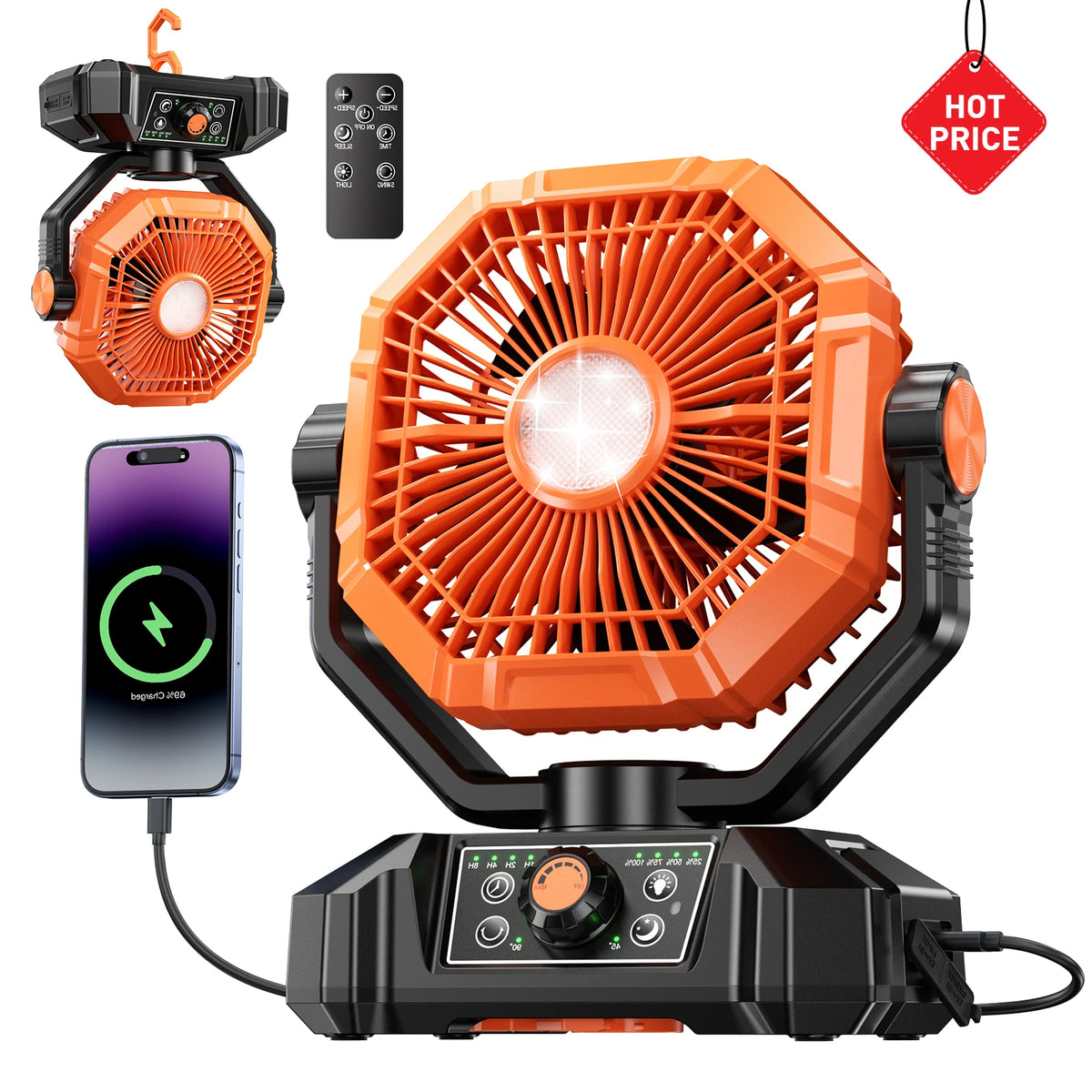 20000mAh Camping Fan with LED Lantern – 8-Speed, Remote