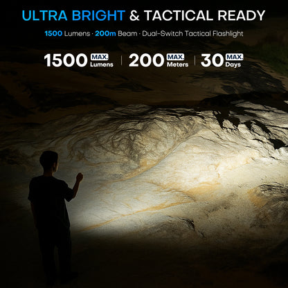 Rechargeable 1500 Lumen Flat Flashlights EDC Tactical Flashlight,Dual-Switches LED Small Flashlight with Digital Display,Stainle