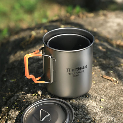 Tiartisan Outdoor Camping Pure Titanium Mug with Collapsible Handle Ultralight Portable Tea Cup Coffee Mug Drinkware