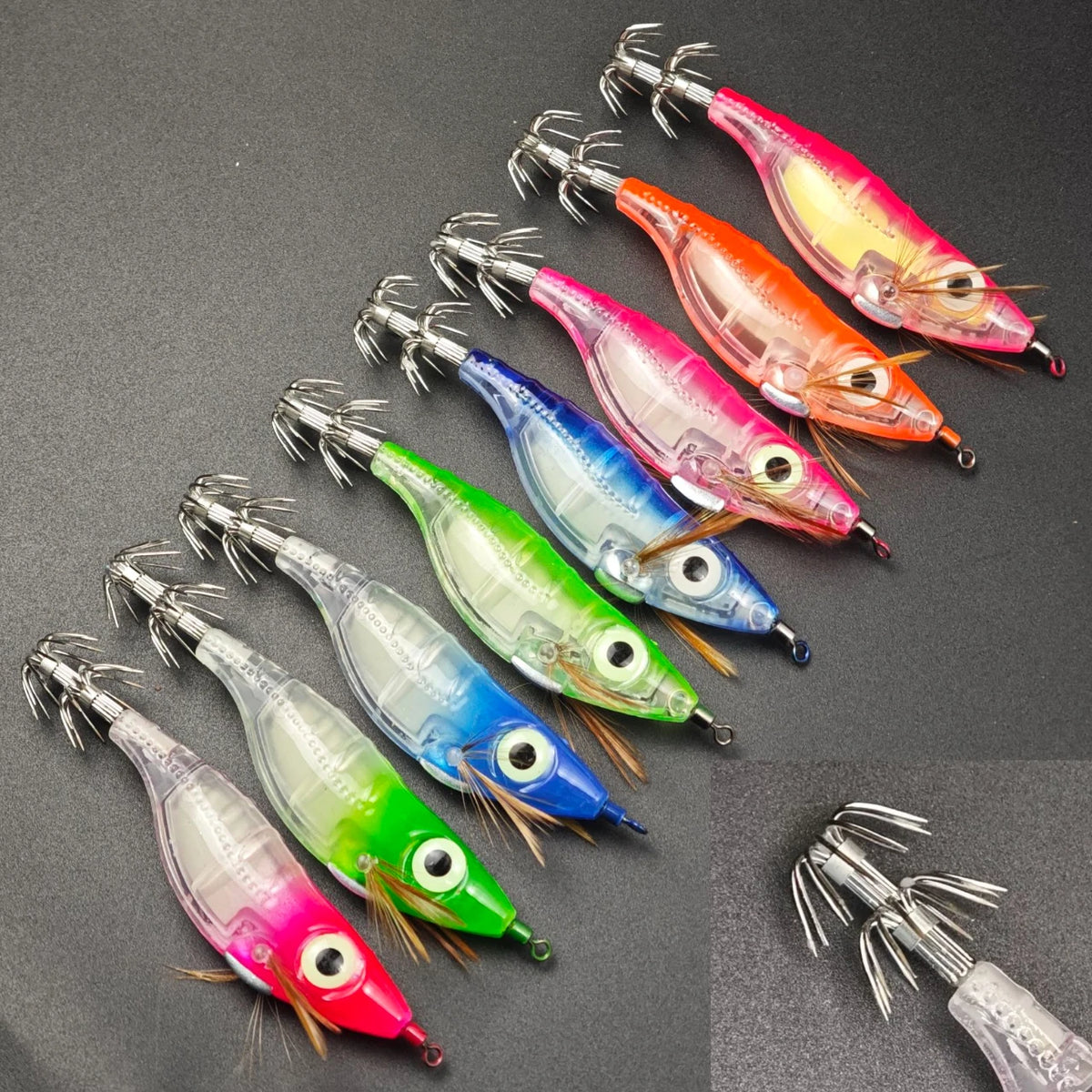 8pcs/set Luminous Squid Jigs 10cm Horizontal Egi Set Wood Shrimp Lures Octopus Cuttlefish Fishing Bait Glow Saltwater Tackle Kit