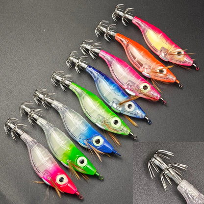 8pcs/set Luminous Squid Jigs 10cm Horizontal Egi Set Wood Shrimp Lures Octopus Cuttlefish Fishing Bait Glow Saltwater Tackle Kit
