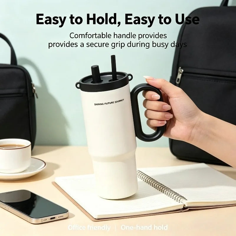 720ML Stainless Steel Thermos Cup with Straw & Handle Ice Coffee Drink Vacuum Insulated Cup Car Travel Outdoor Water Bottle