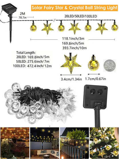Solar LED String Lights Outdoor Camping Decor Crystal Ball and Stars String Lights 8 Modes Solar Lamp for Halloween Christmas