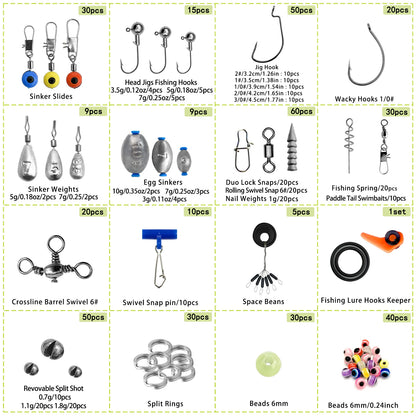 170-410pcs Professional Fishing Kit with Tackle Box, Hooks Sinkers Swivels for Bass Trout Saltwater Fishing Complete Lure Set