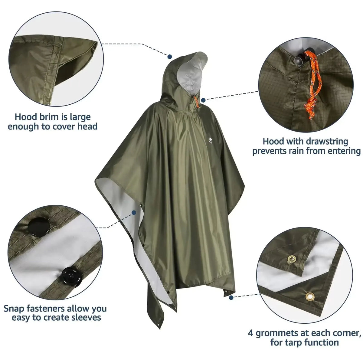 Outdoor 3 In 1 Military Raincoat Hooded Sleeve Waterproof Rain Poncho Motorcycle Rain Cover Camping Hiking Travel Rainwear Tent