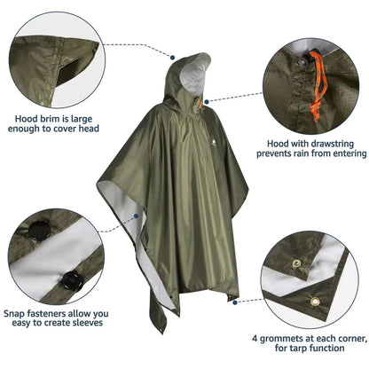 Outdoor 3 In 1 Military Raincoat Hooded Sleeve Waterproof Rain Poncho Motorcycle Rain Cover Camping Hiking Travel Rainwear Tent