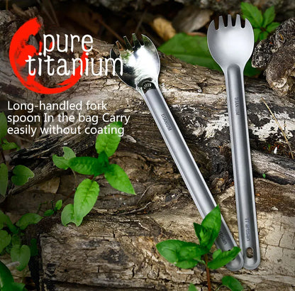 Tiartisan Pure Titanium Cutlery Ultralight Long Handle Spoon Spork Outdoor Camping Portable 2pcs Tableware Set With Storage Bag