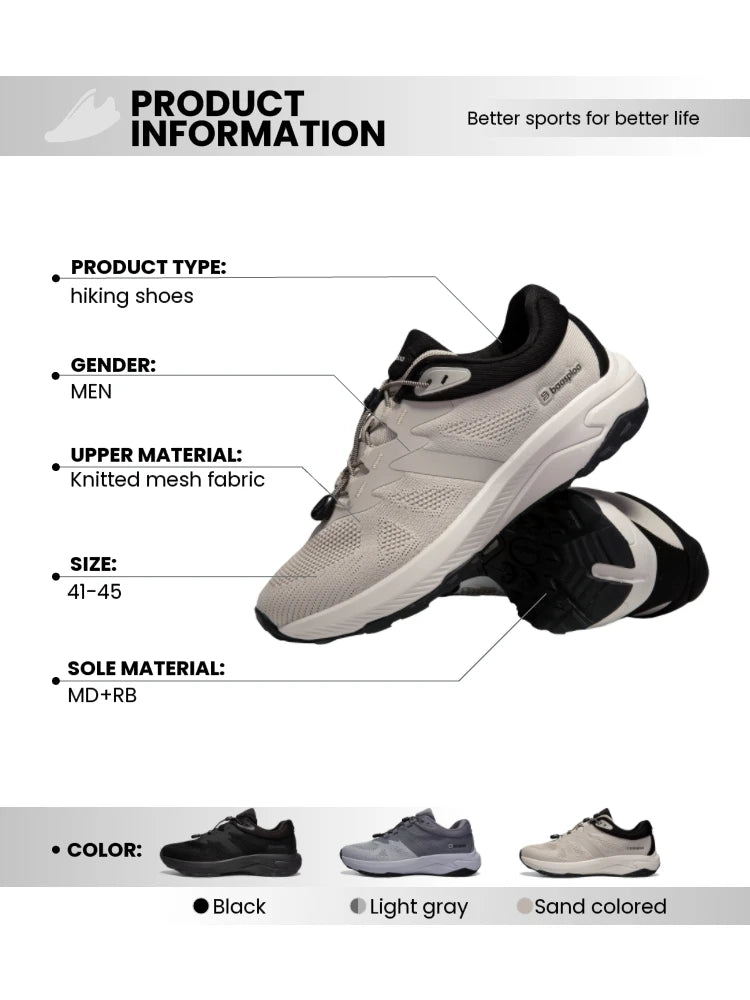 Baasploa Men Hiking Shoes Summer Breathable Comfort Soft Outdoor Sneakers New Solid Walking Shoes Anti Slip Wear-resistant