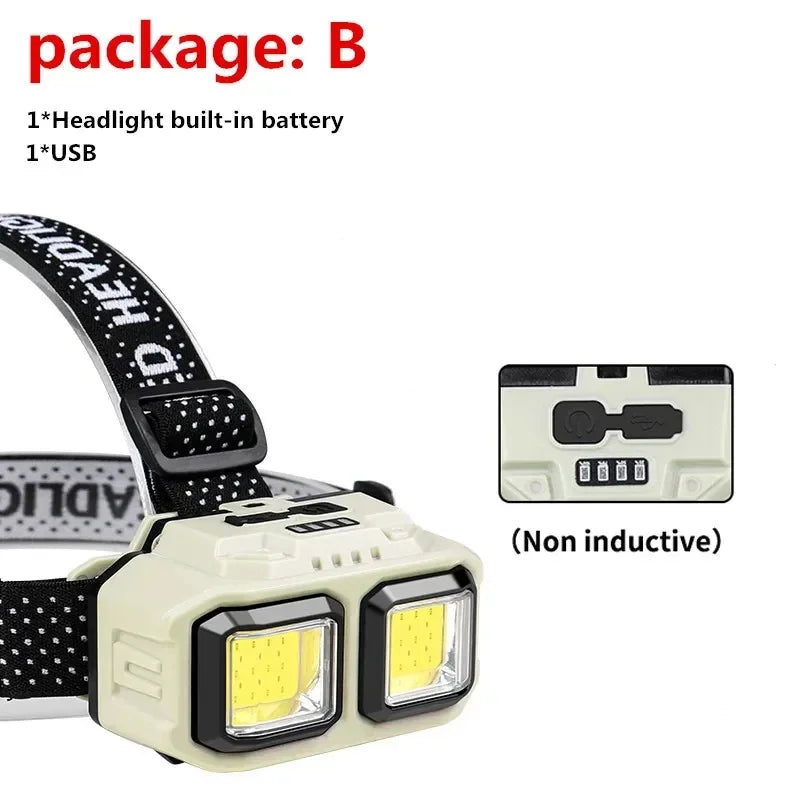 COB LED Powerful Headlamp USB Rechargeable Head Torch USB Rechargeable Waterproof Outdoor Camping Fishing Hunting Search Lantern