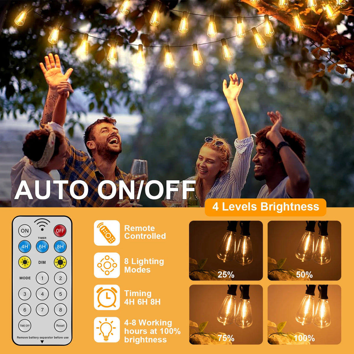 Solar Globe LED String Lights G40 Patio Light USB Recharger 8 Light Modes Remote Control Garden Solar Weatherproof Hanging Light