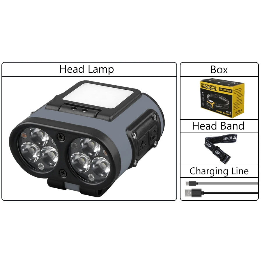LED Headlamp Smart Sensor Cap Clip Light TPYE-C Rechargeable Flashlight  With Power Display Riding Fishing Camping Outdoor Torch