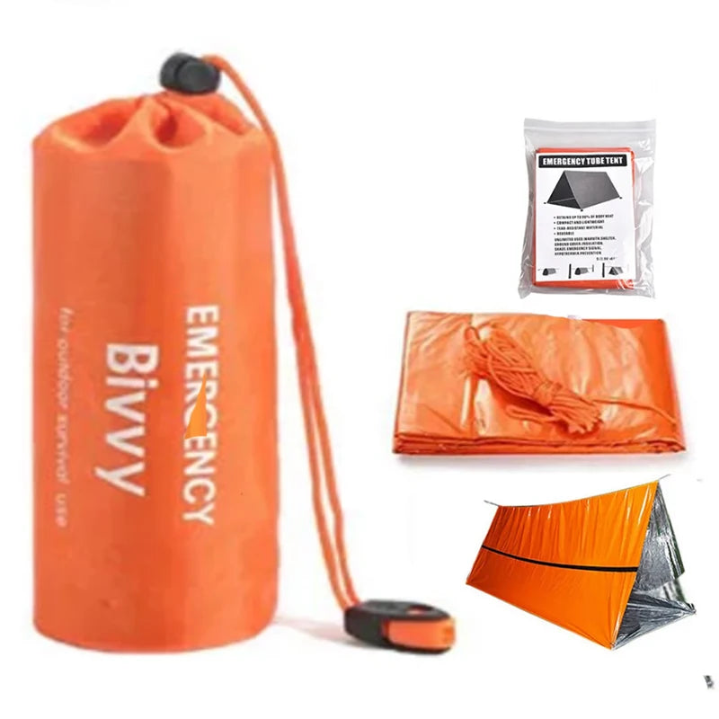 Outdoors Emergency Shelter Bivy Survival Tent Kit Mylar Tube Tent Sleeping Bag Waterproof Outdoor SOS Thermal Blanket Reusable