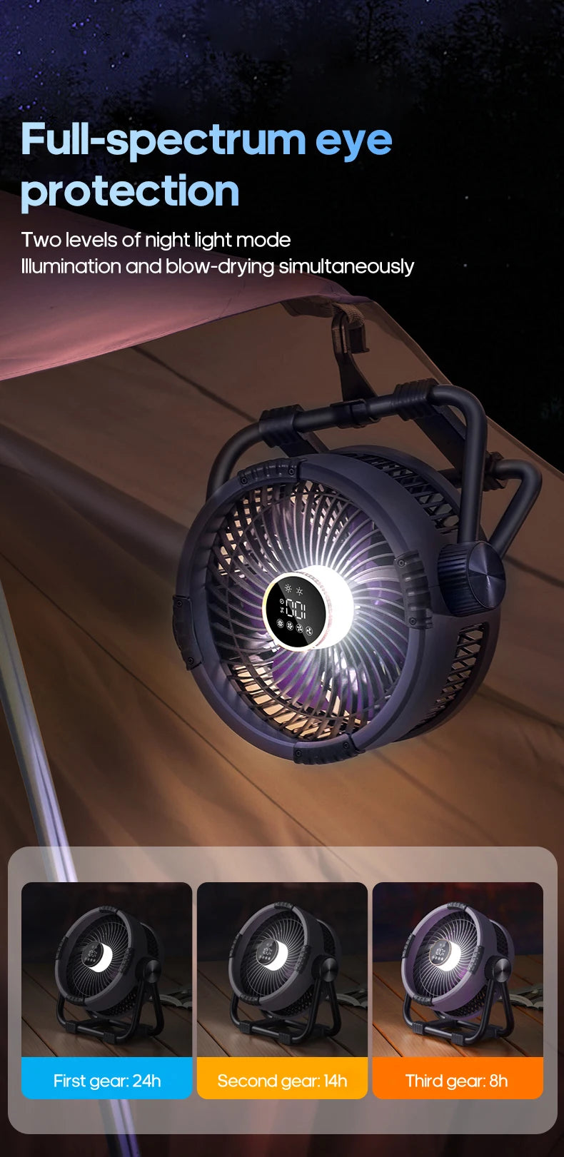 20000mAh Outdoor Camping Fan 6 in 1 Portable Rechargeable Wireless Tent Ceiling Fan with LED Light Camping Air Circulator