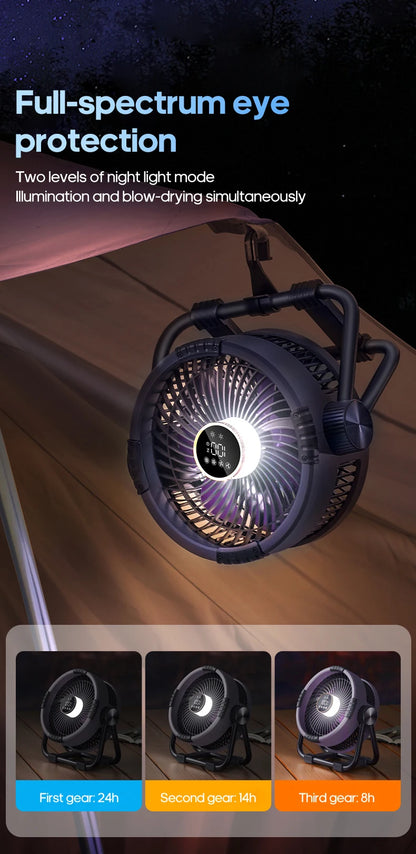 20000mAh Outdoor Camping Fan 6 in 1 Portable Rechargeable Wireless Tent Ceiling Fan with LED Light Camping Air Circulator