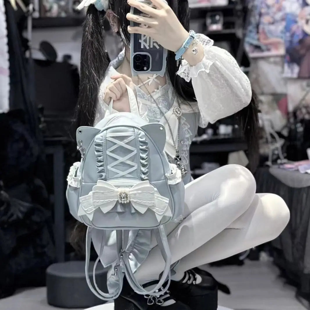 Women Backpack Korean Fashion Y2k Punk Backpack Lace Bow Cat Ear Lotus Lace Decoration Lolita Backbag PU Leather Large Capacity