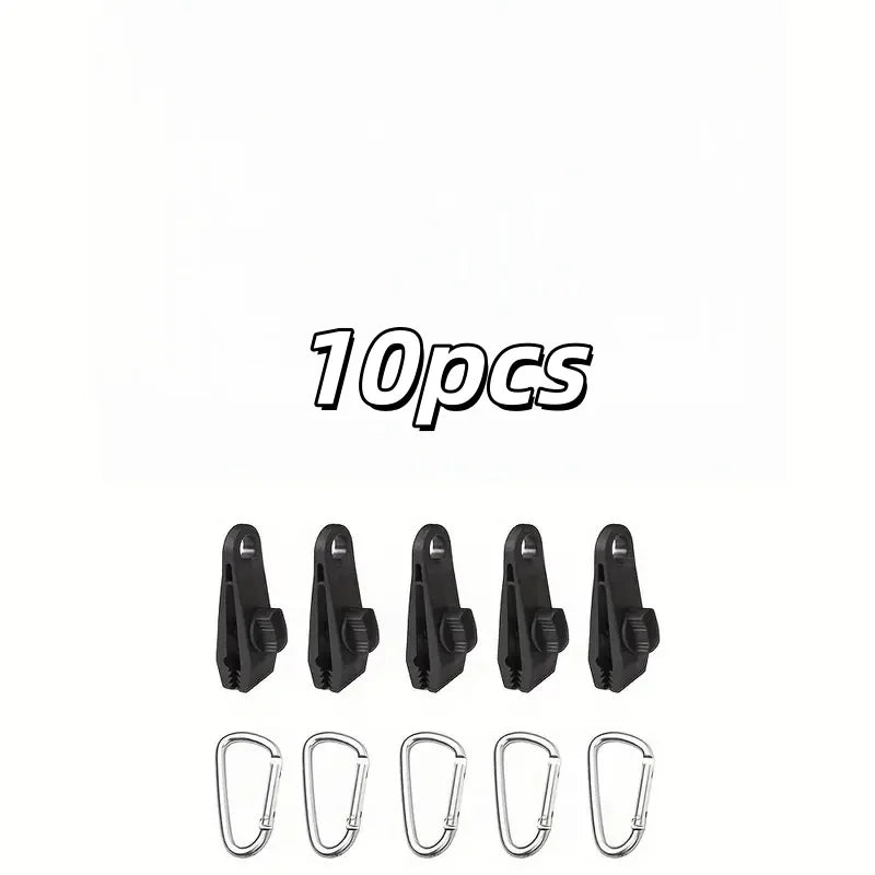 10-Pack Tent Clips & Carabiner Set, Windproof Reinforced Clamps for Canopy Rainfly Fixing, Outdoor Use