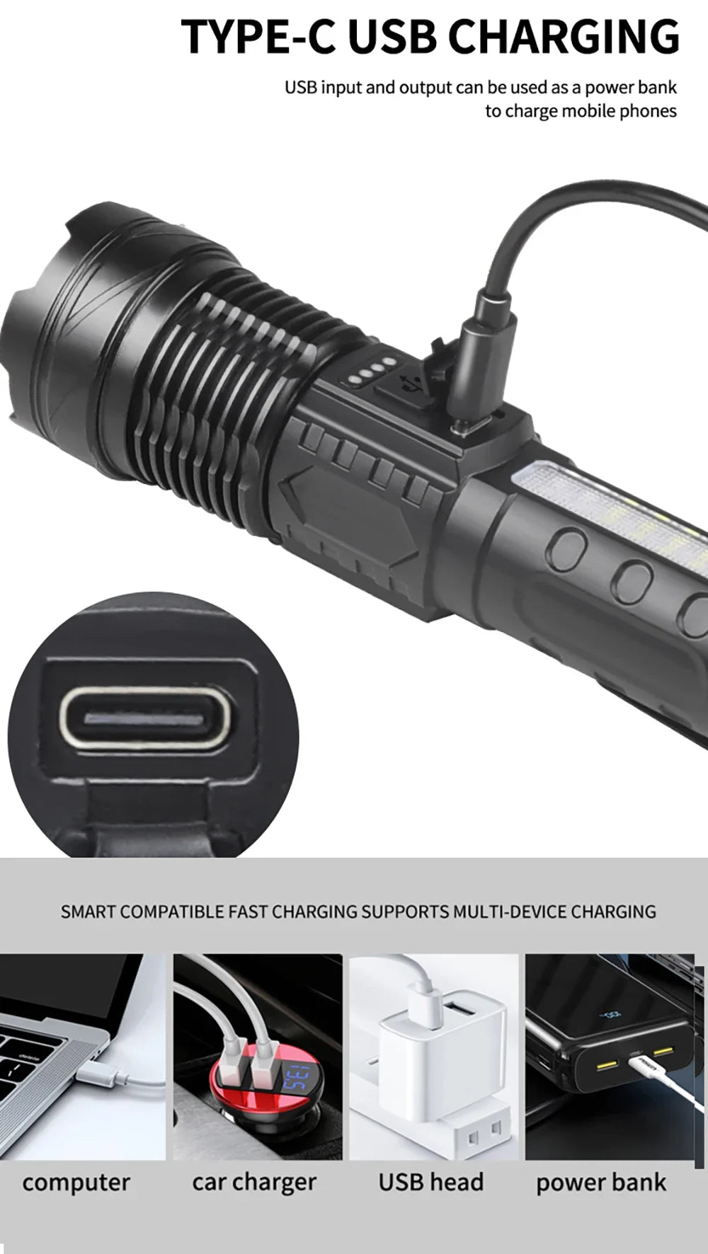 LED Flashlight Rechargeable Torch High Power Strong Light Flashlight Long Range Tactical Zoom Lamp Outdoor Camping Lantern