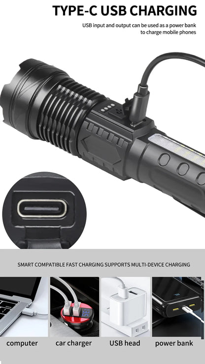 LED Flashlight Rechargeable Torch High Power Strong Light Flashlight Long Range Tactical Zoom Lamp Outdoor Camping Lantern