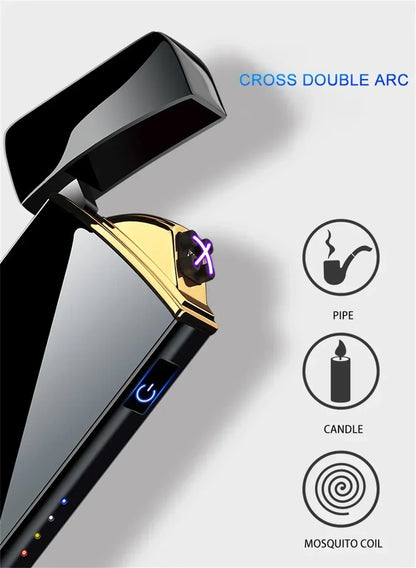 Electric Windproof Metal Lighter Double Arc Flameless Plasma Rechargeable USB Lighter LED Power Display Touch Sensor Lighters