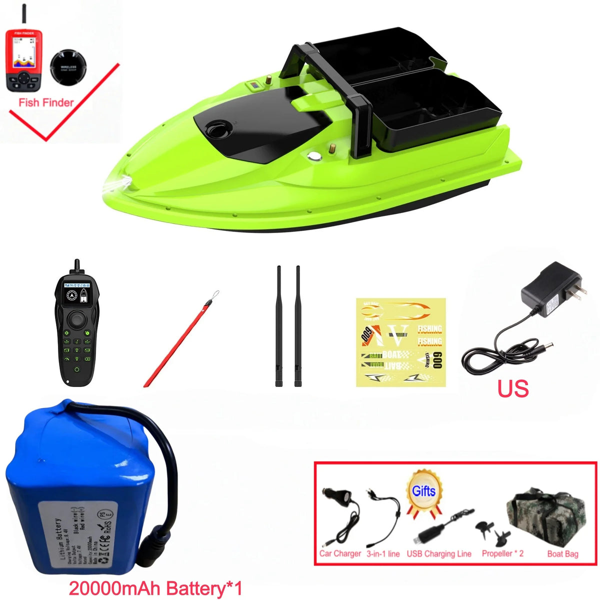 Sonar Bait Boat with Color Fish Finder Screen & Dual Hopper