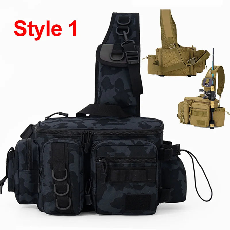 Fishing Tackle Sling Backpack with Rod Holder