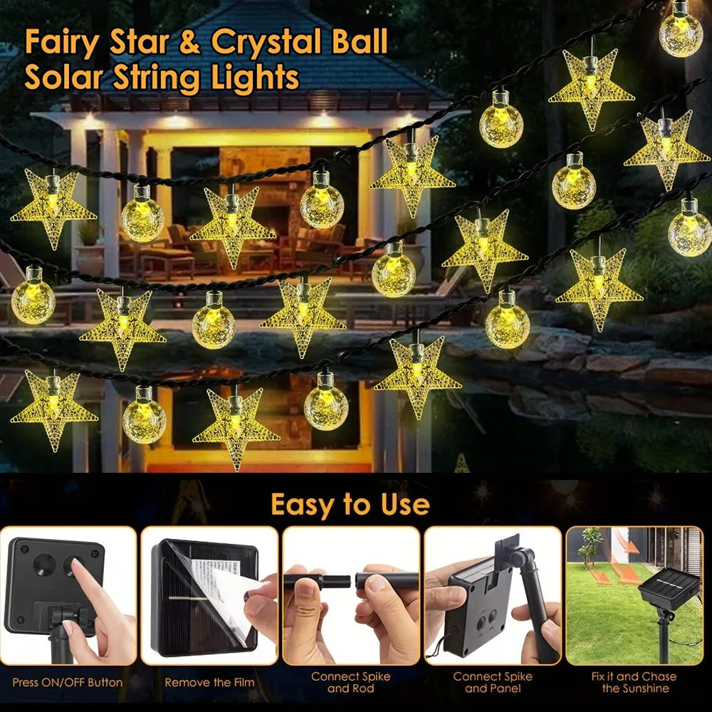 Solar LED String Lights Outdoor Camping Decor Crystal Ball and Stars String Lights 8 Modes Solar Lamp for Halloween Christmas