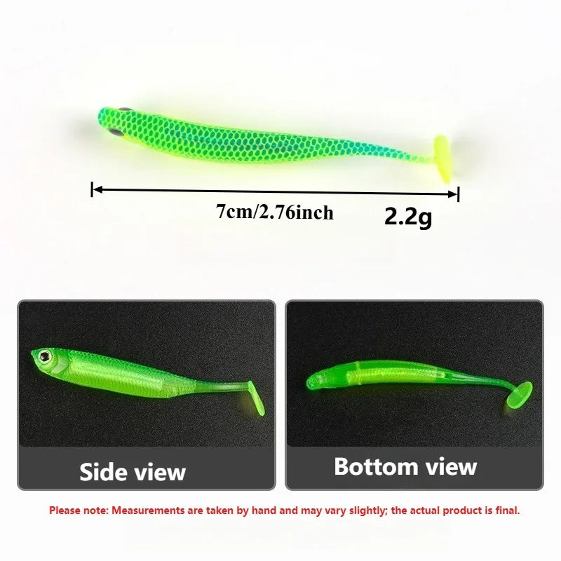 5Pcs opp 7cm 2.2g Jighead Worms T Tail fish Fishing Lures Rainbow Color  Fishing Bait Long-Range Freshwater and Saltwater Lure