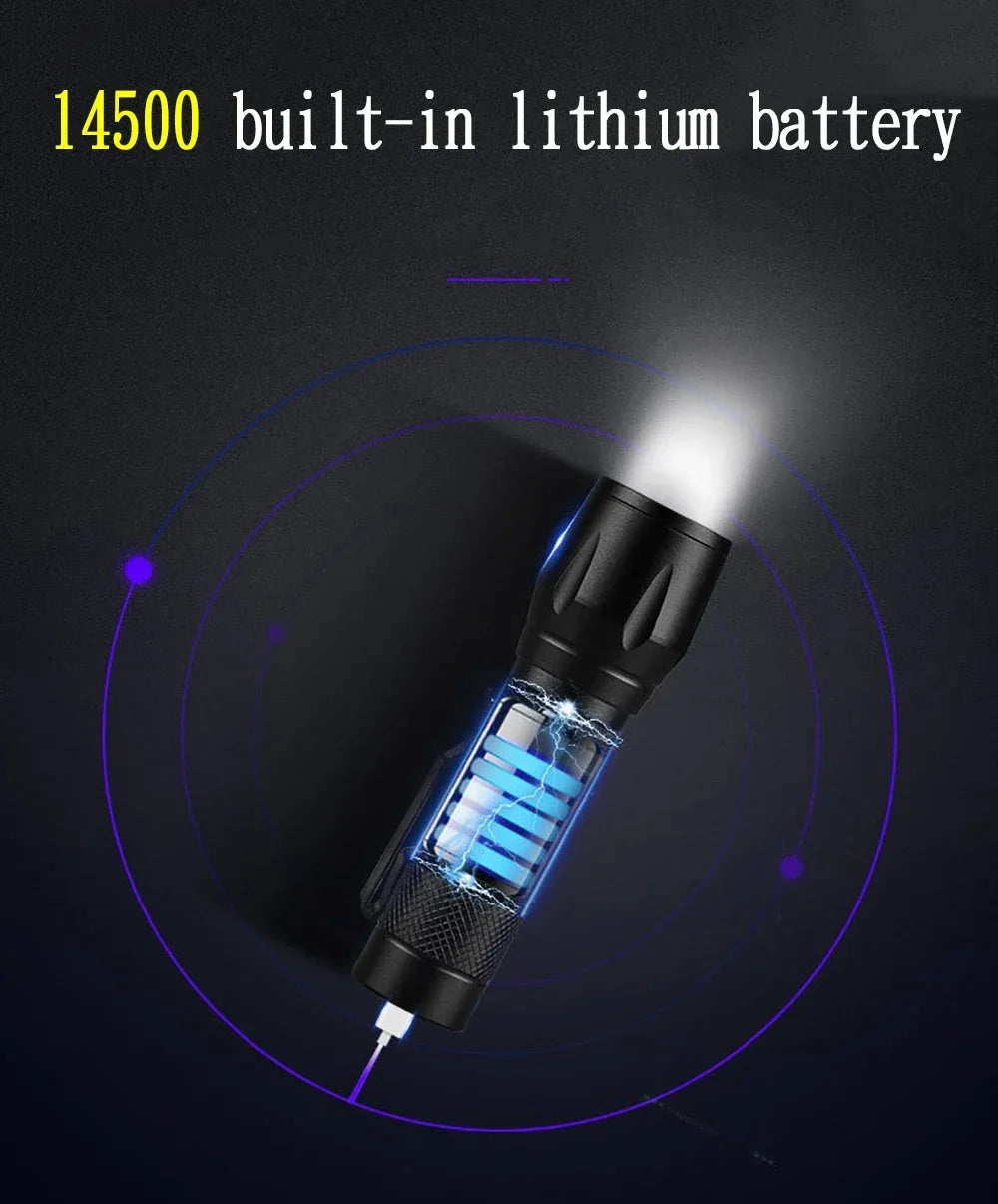 Mini LED Flashlight COB+XPE Portable Torch USB Charging Camping Lantern Zoomable Focus Light Tactical Flashlight with Pen Clip