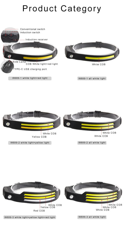 6 Modes LED Induction Headlamp COB Sensor Head Lamp Rechargeable Built-in Battery Flashlight Outdoor Work Lighting Headlights
