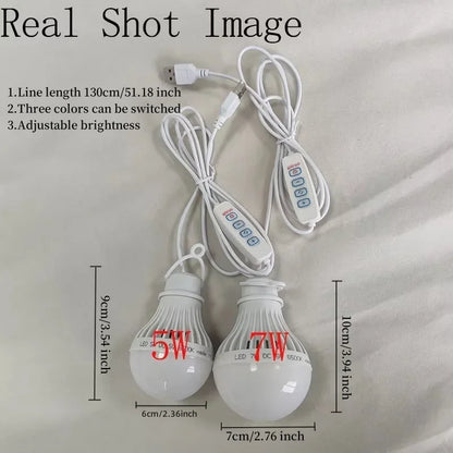 DC5V Led Camping Light 5W/7W Usb Emergency Bulb 3-color Dimmable Hanging Tent Light Barbecue Fishing Repair Outdoor Equipment