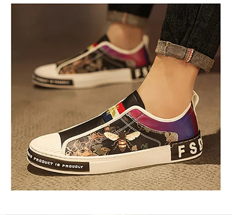 Men’s Leather Slip-On Sneakers – Trendy Casual Loafers with Street Style Print