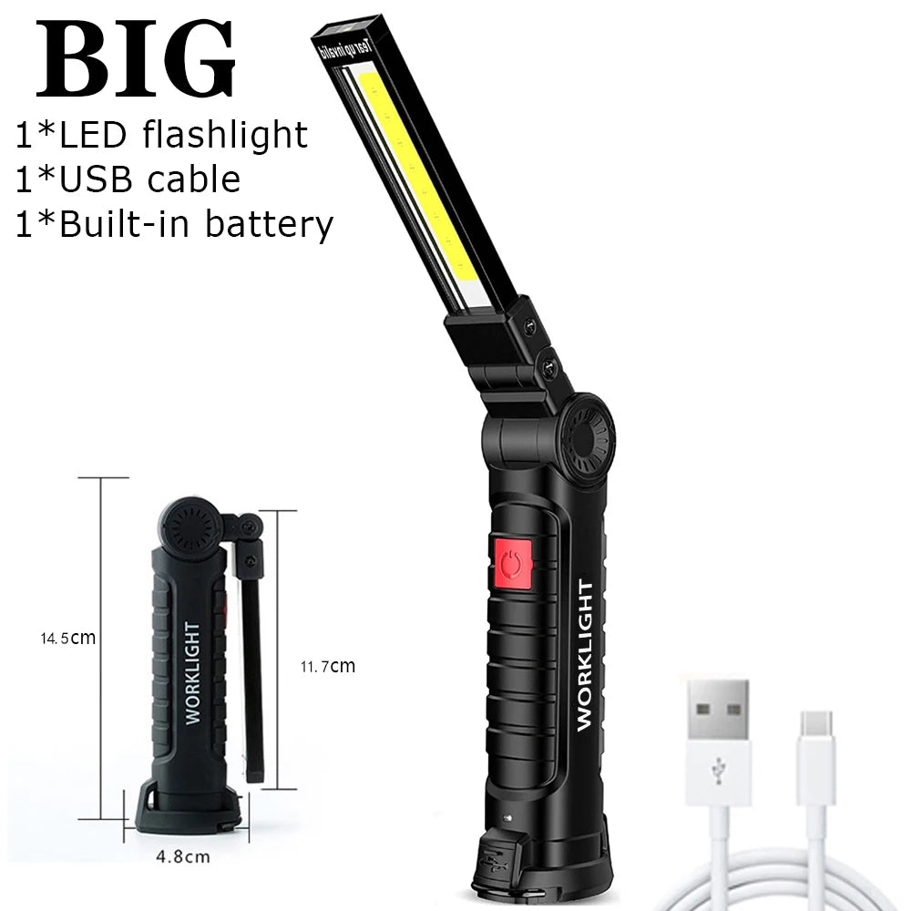 COB LED Folding Flashlight Portable Magnetic Work Light Lantern USB Rechargeable Emergency Repair Camping Torch Lamp With Hook