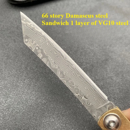 Higonokami Japanese High Quality Mini Pocket Folding Knife VG10 Damascus Steel Copper Handle Outdoor Hunting Fruit Cutting Tool